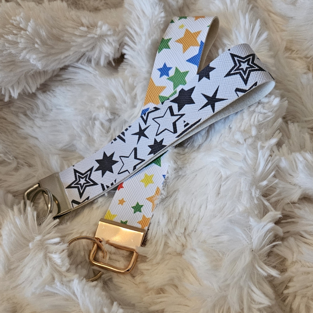Star Print Keyring Wristlet - White with Multicolor Stars - Handmade